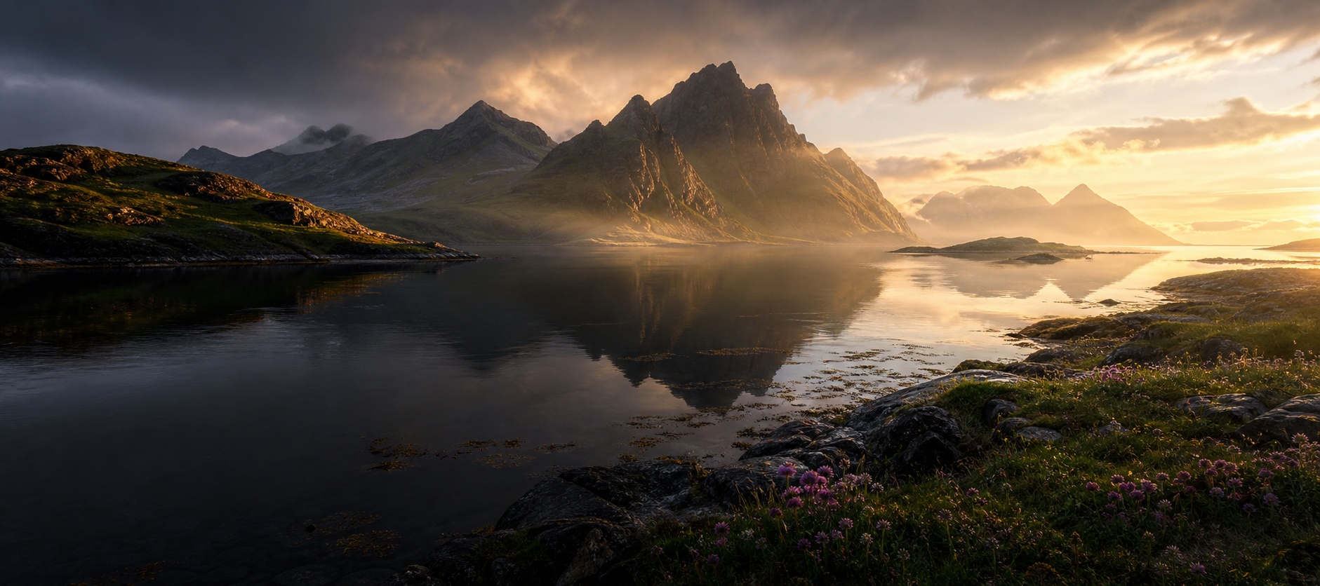 Cinematic Scottish Highland loch at golden hour