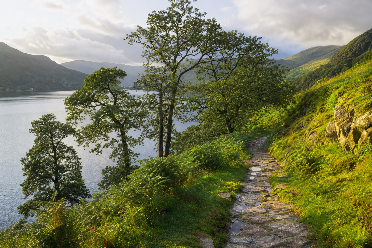 Lush Lake District path by a lake